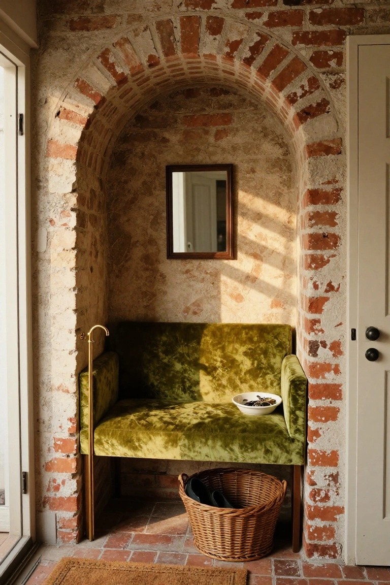 Green velvet loveseat in an arched brick alcove with a wall mirror above, brass gooseneck fixture, white bowl on the armrest, wicker basket holding shoes on the terracotta floor, and white doors nearby.