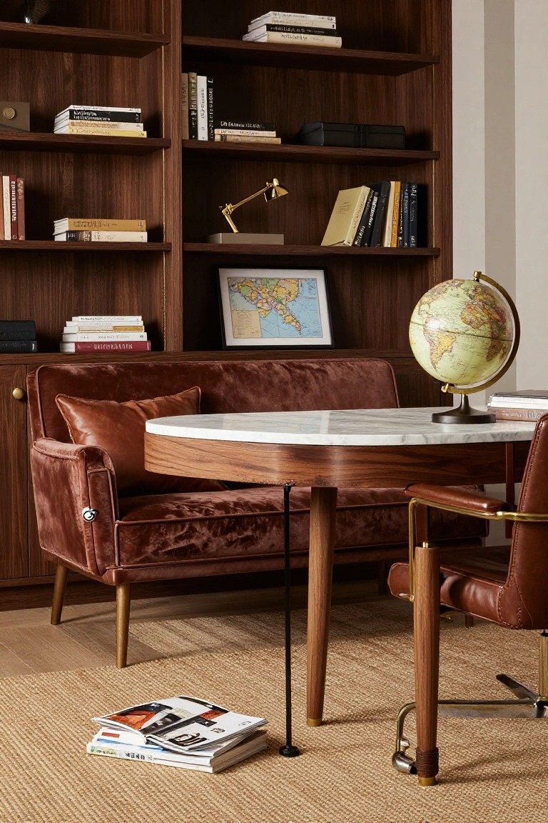 Wood-paneled library room with floor-to-ceiling bookshelves, wooden desk and orange leather chair, red velvet sofa with brown leather pillow, brass globe lamp, and open magazine on marble tray.