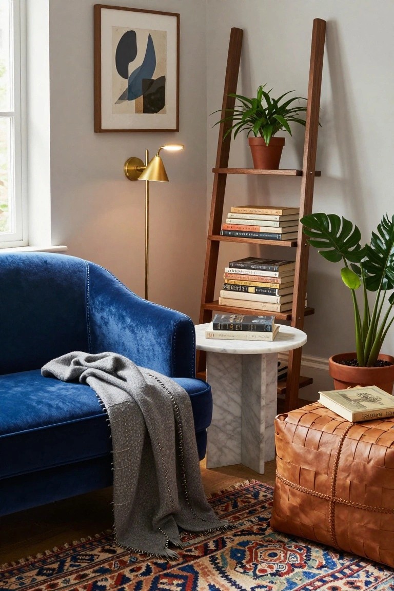 A living room corner with blue velvet sofa draped in gray throw, wooden ladder shelf holding books and plants, white marble side table, tan leather pouf, gold wall lamp, and patterned rug.