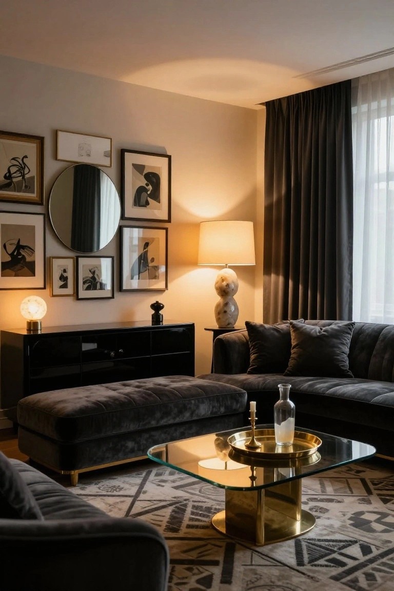 Modern living room corner with charcoal gray velvet L-shaped sofa, matching ottoman, black lacquer credenza, brass and glass coffee table, two lamps, and gallery wall of black-and-white art near curtained windows.