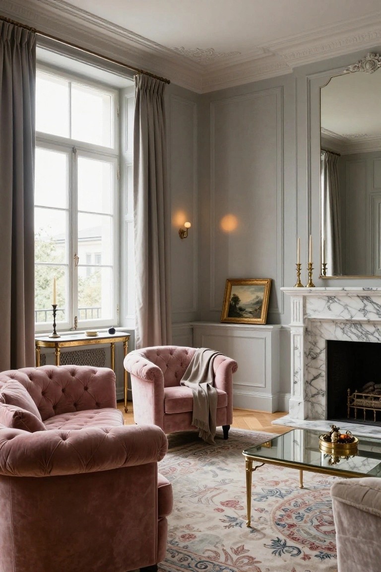 Living room corner with two blush pink tufted velvet armchairs, a matching sofa with gray throw, gray paneled walls, marble fireplace, large curtained windows overlooking trees, brass candelabras, and glass coffee table.