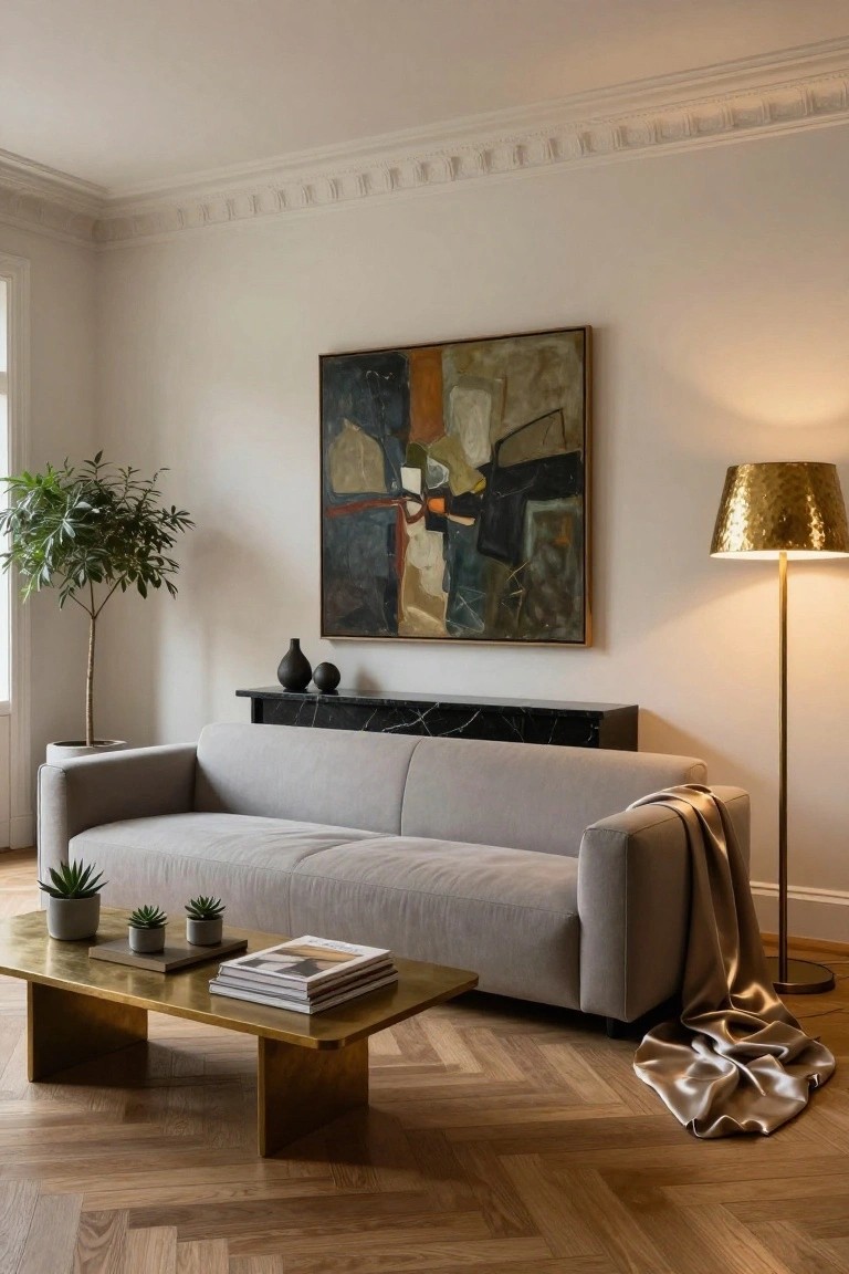 Light gray sofa on herringbone wood floor in a white-walled living room with black marble mantel, abstract painting above, brass coffee table holding books and plants, potted tree, small succulents, and gold floor lamp.