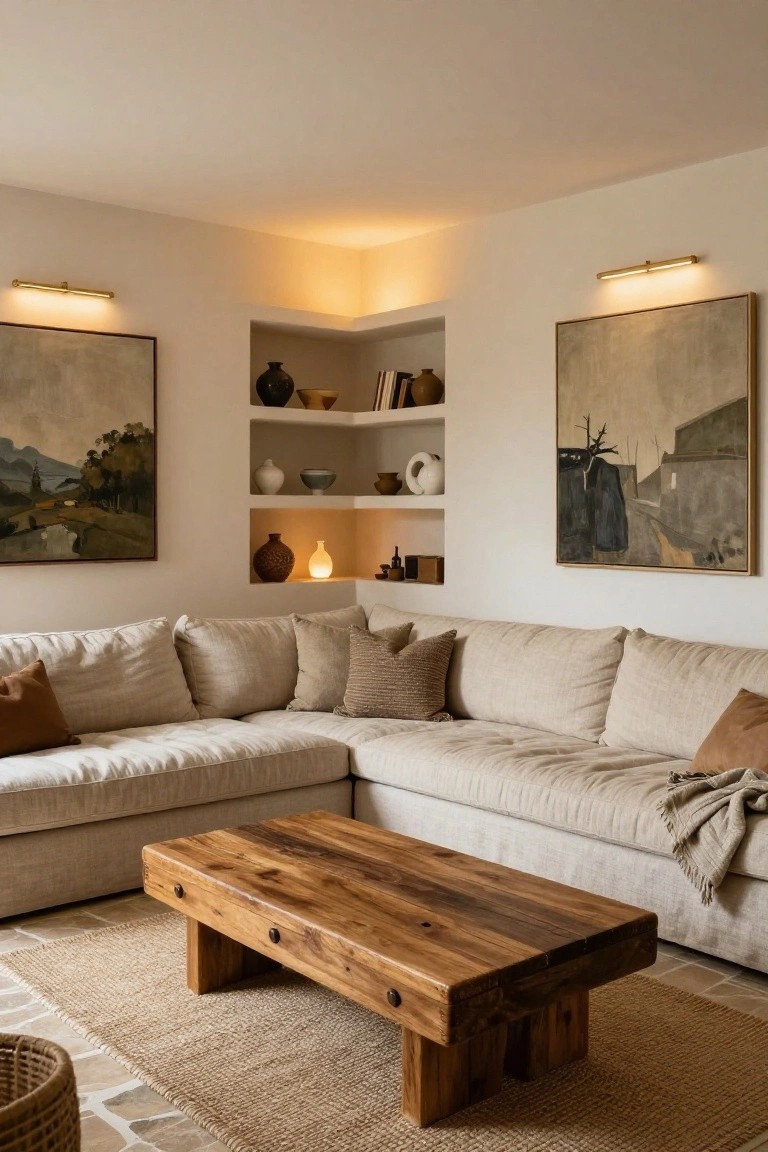 Corner living room with beige L-shaped sofa, low wooden coffee table on jute rug, built-in wall niches displaying pottery and lit lamps, flanked by two large framed abstract paintings, and wall sconces.