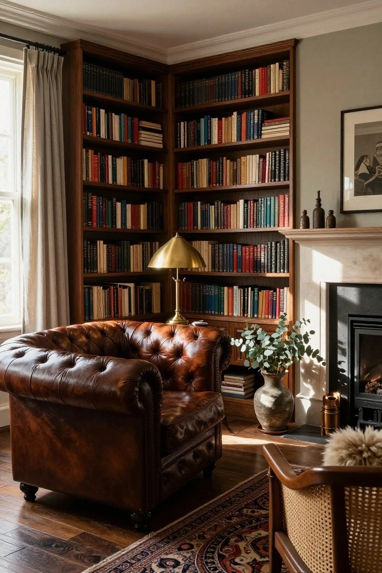 Corner of a living room with built-in wooden bookshelves filled with books, brown tufted leather armchair, brass lamp on shelf, marble fireplace, potted eucalyptus plant, and woven chair nearby on wood floors.