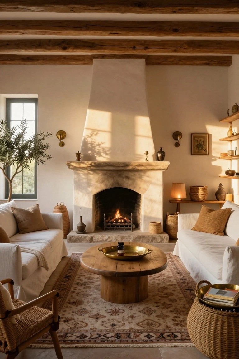 A cozy living room with exposed dark wooden beam ceilings, a large arched stone fireplace with a burning fire, two white linen sofas, a round wooden coffee table, patterned rug, olive tree, and assorted woven baskets and ceramics.