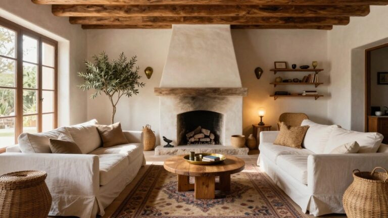 19 Cozy Luxury Villa Living Room Ideas For Everyday Comfort A cozy living room with exposed dark wooden beam ceilings, a large arched stone fireplace with a burning fire, two white linen sofas, a round wooden coffee table, patterned rug, olive tree, and assorted woven baskets and ceramics.