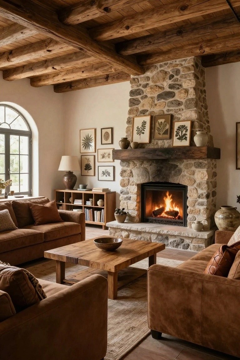 Living room interior with exposed wooden beam ceiling, large arched stone fireplace with burning fire, brown leather sofas around a wooden coffee table, bookshelves, potted plants, and framed botanical art on white walls.