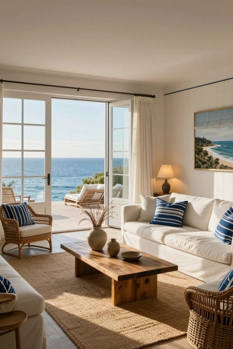 Bright white living room with shiplap walls, white sofa and rattan chairs with blue striped cushions, wooden coffee table, large open French doors to a deck overlooking the ocean and beach.