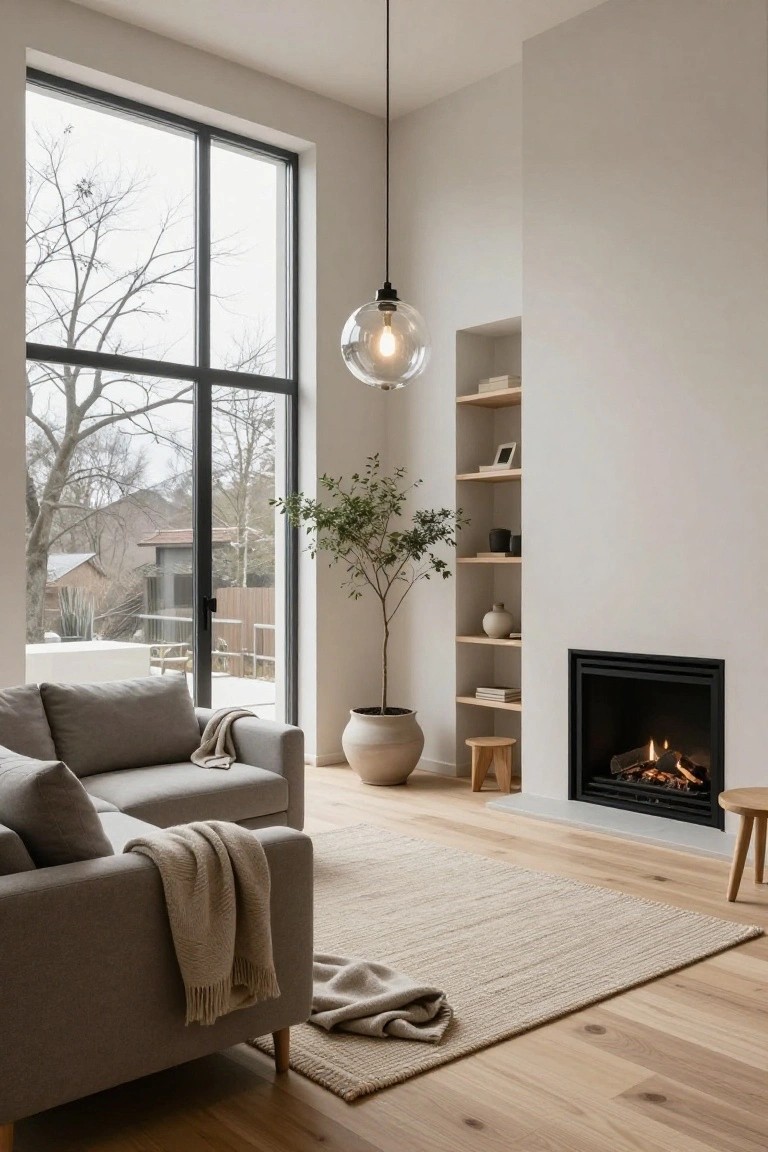 Modern living room featuring a gray sofa with throw blanket, beige rug, tall potted plant, built-in wooden shelves with ceramics, gas fireplace, oak wood floors, and large black-framed floor-to-ceiling windows and doors showing a view of winter trees and yard.