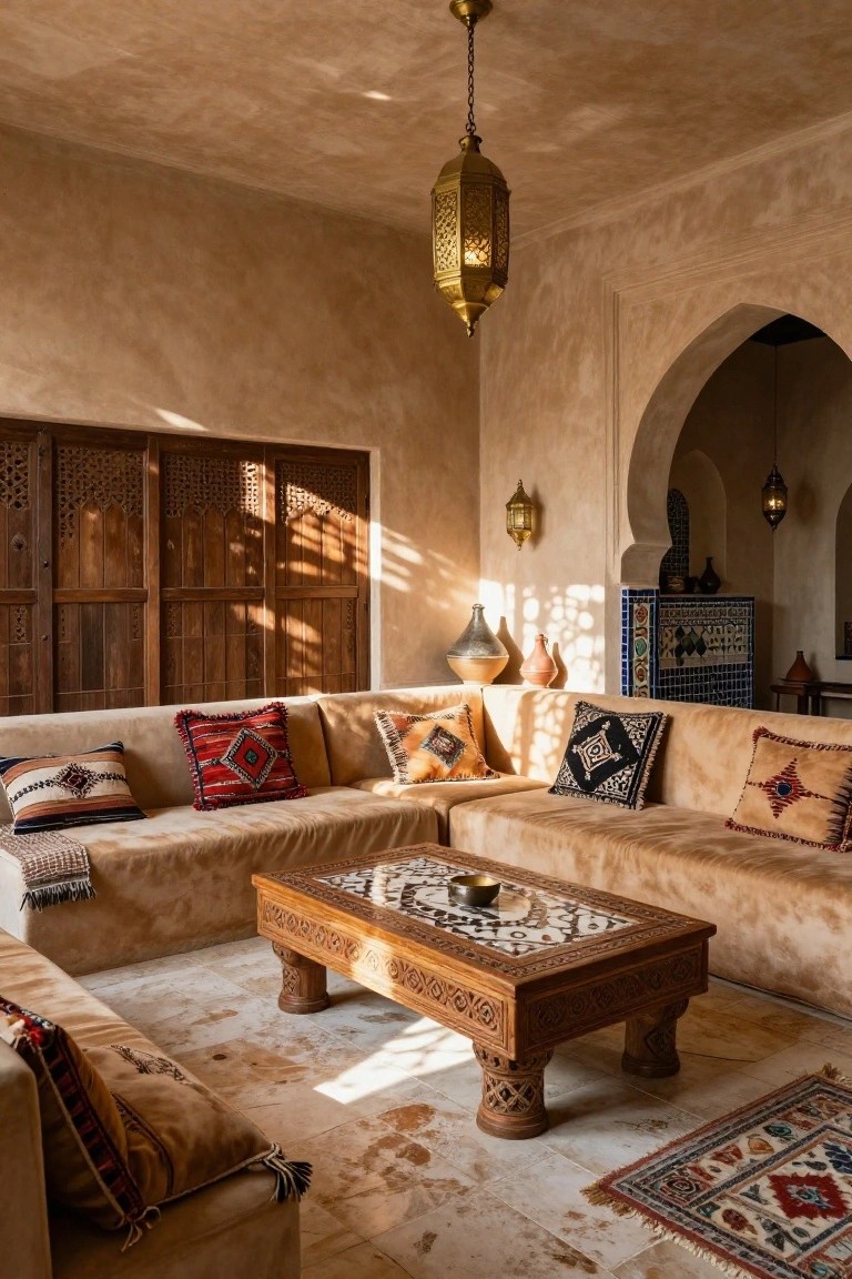 A sunlit living room in Moroccan style with low beige sofas around an inlaid wooden coffee table, patterned pillows, hanging brass lanterns, carved wooden screens, and arched doorways on earthy plaster walls.