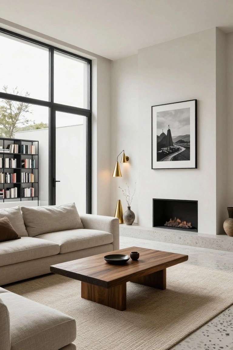 Modern living room with light beige sofa, low wooden coffee table, gold floor lamps, black metal bookshelves, recessed gas fireplace in white wall, and large black-framed windows showing trees outside.
