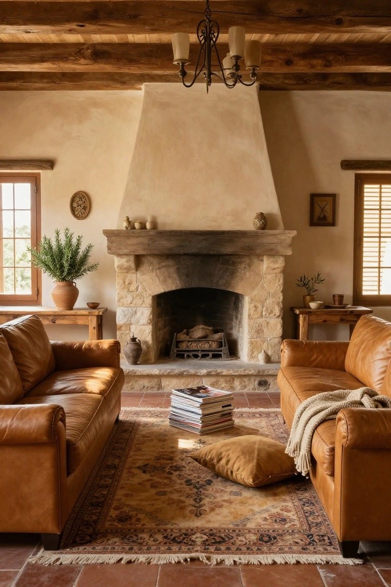Cozy living room interior with two tan leather sofas facing a large rustic stone fireplace on a terracotta tile floor, wooden ceiling beams, and warm earthy decor.