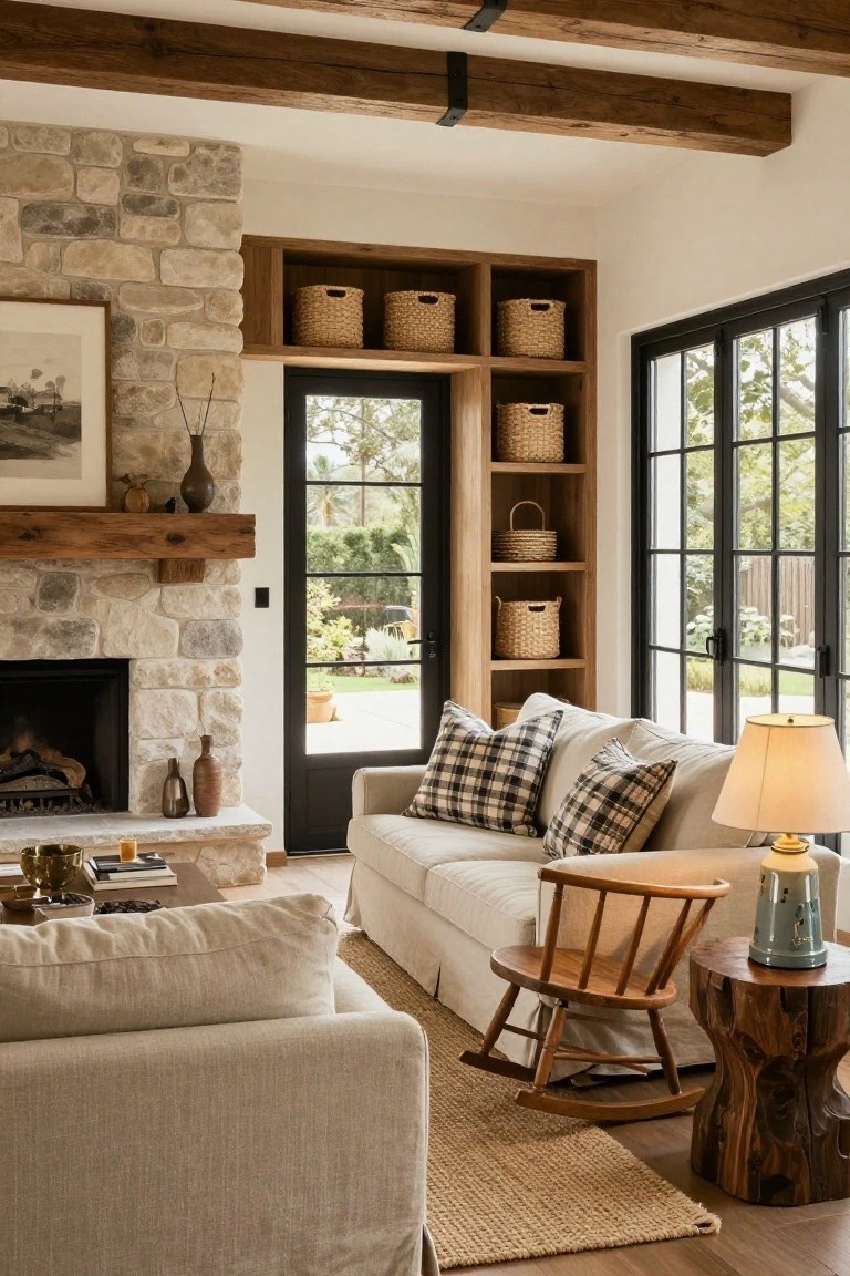 Living room corner with light stone fireplace, dark wood mantel, adjacent wooden built-in shelves stocked with seagrass baskets, white slipcovered sofa with plaid pillows, wooden rocking chair, tree stump side table, and black-framed doors to garden view.