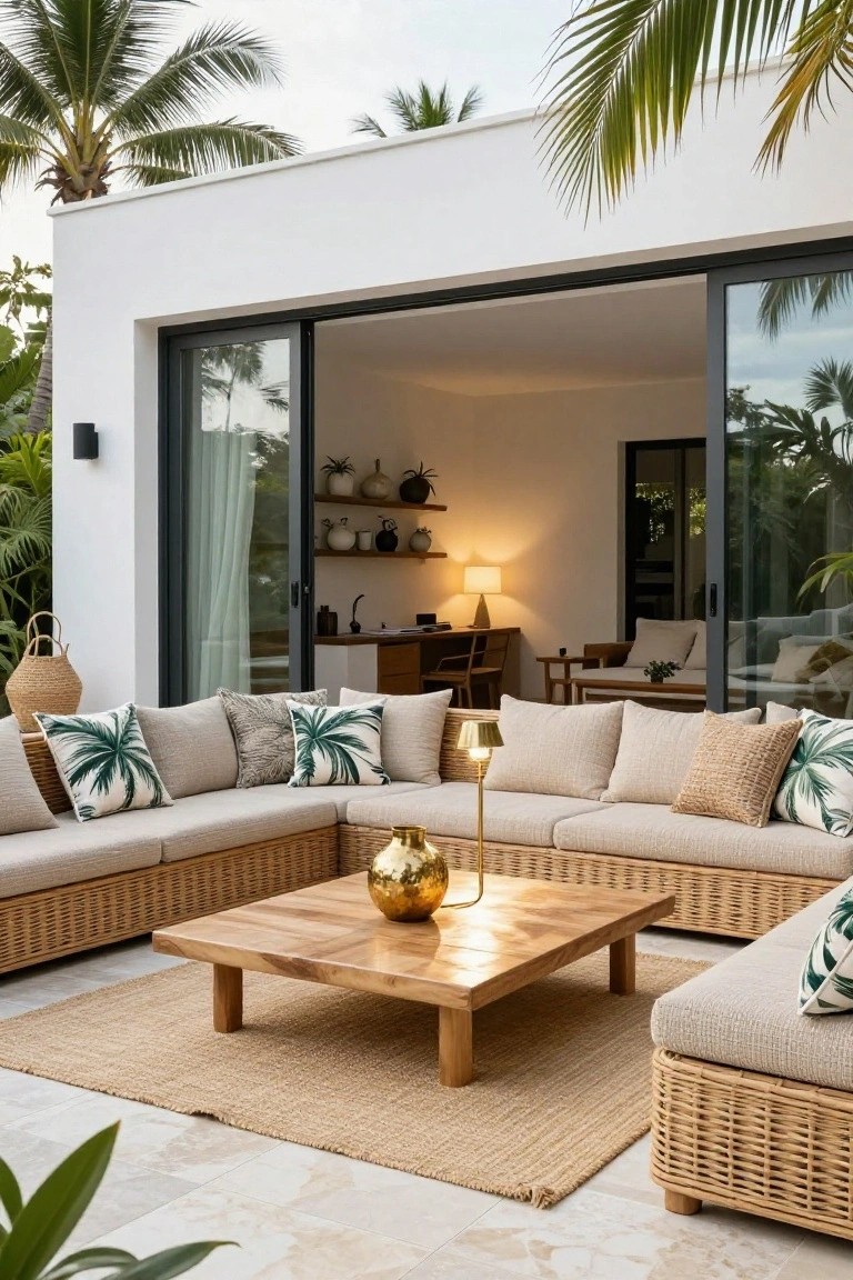 Outdoor terrace with beige rattan L-shaped sofa, tropical pillows, low wooden coffee table with gold vase and lamp, open sliding glass doors to white interior with shelves and desk, palm trees and plants around tiled floor.