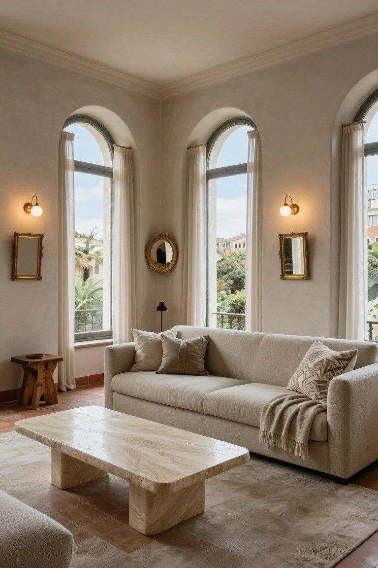 A living room featuring a rectangular travertine coffee table, beige sofa with pillows and throw, wood side stool, and arched curtained windows overlooking palm trees and cityscape.