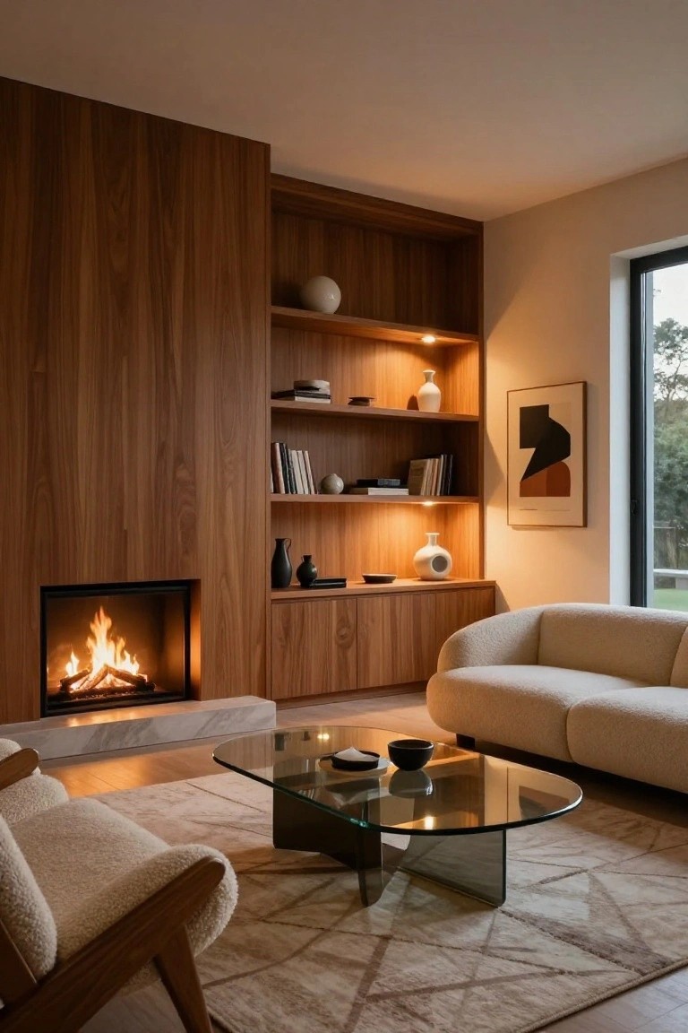 Modern living room with full-height walnut wood paneling on one wall featuring built-in open shelves with books and pottery, closed cabinets, an integrated gas fireplace, a curved cream bouclé sofa, two sheepskin armchairs, smoked glass coffee table, and large black-framed window showing trees outside.
