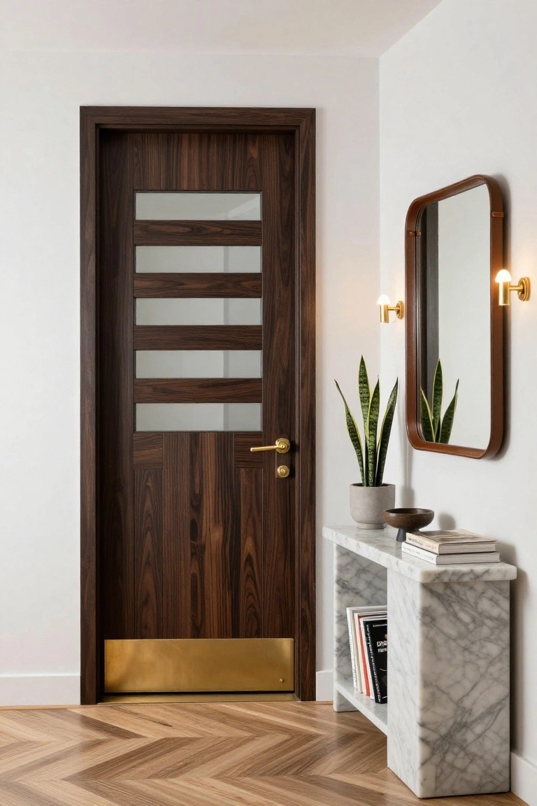 Brown wood entry door with four horizontal frosted glass panels and brass handle and threshold, beside a white marble console table with books, a snake plant in a gray pot, wooden bowl, and round mirror with wall sconces on white walls and herringbone wood floor.