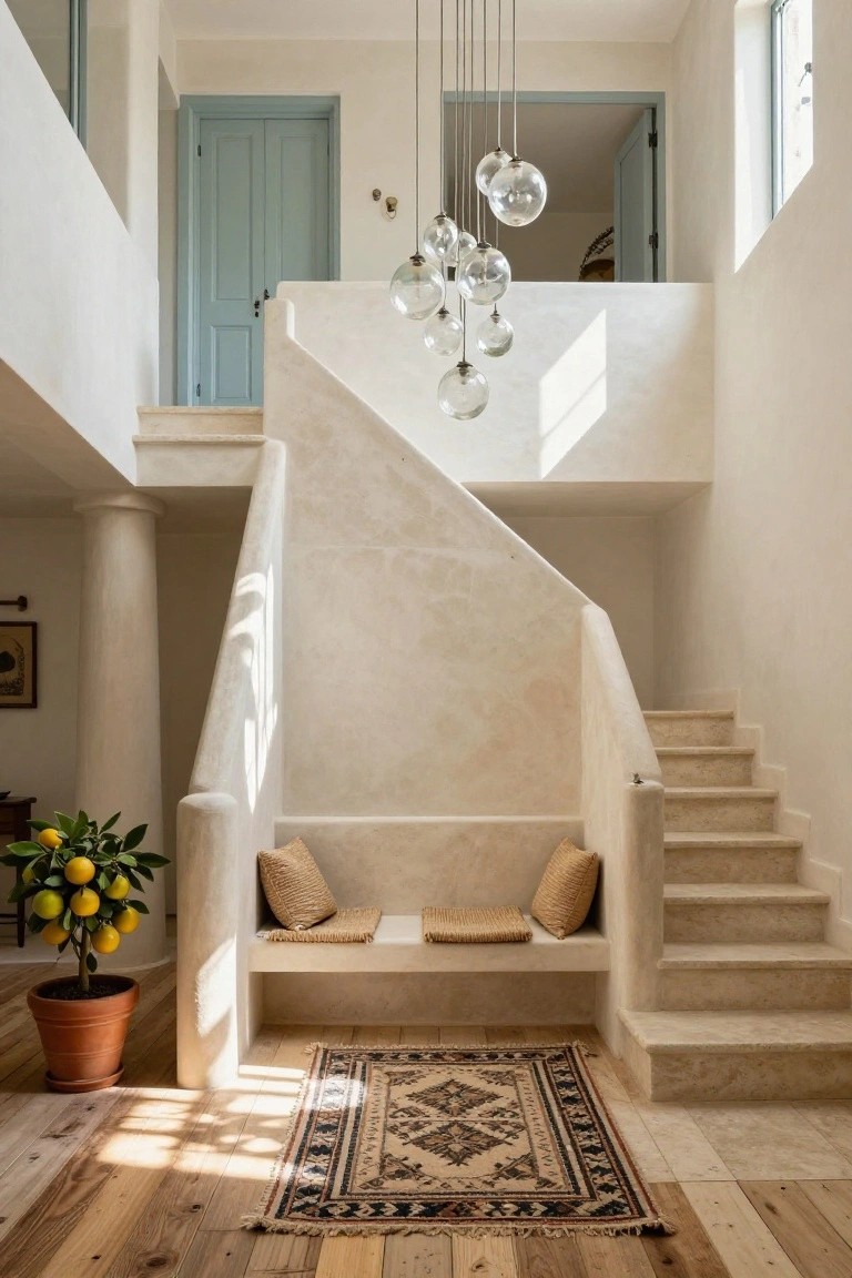 Interior photo of a curved beige plaster staircase with an integrated bench nook at the base holding beige woven cushions, a potted lemon tree to one side, wooden floors, and a patterned rug in a sunlit entryway.