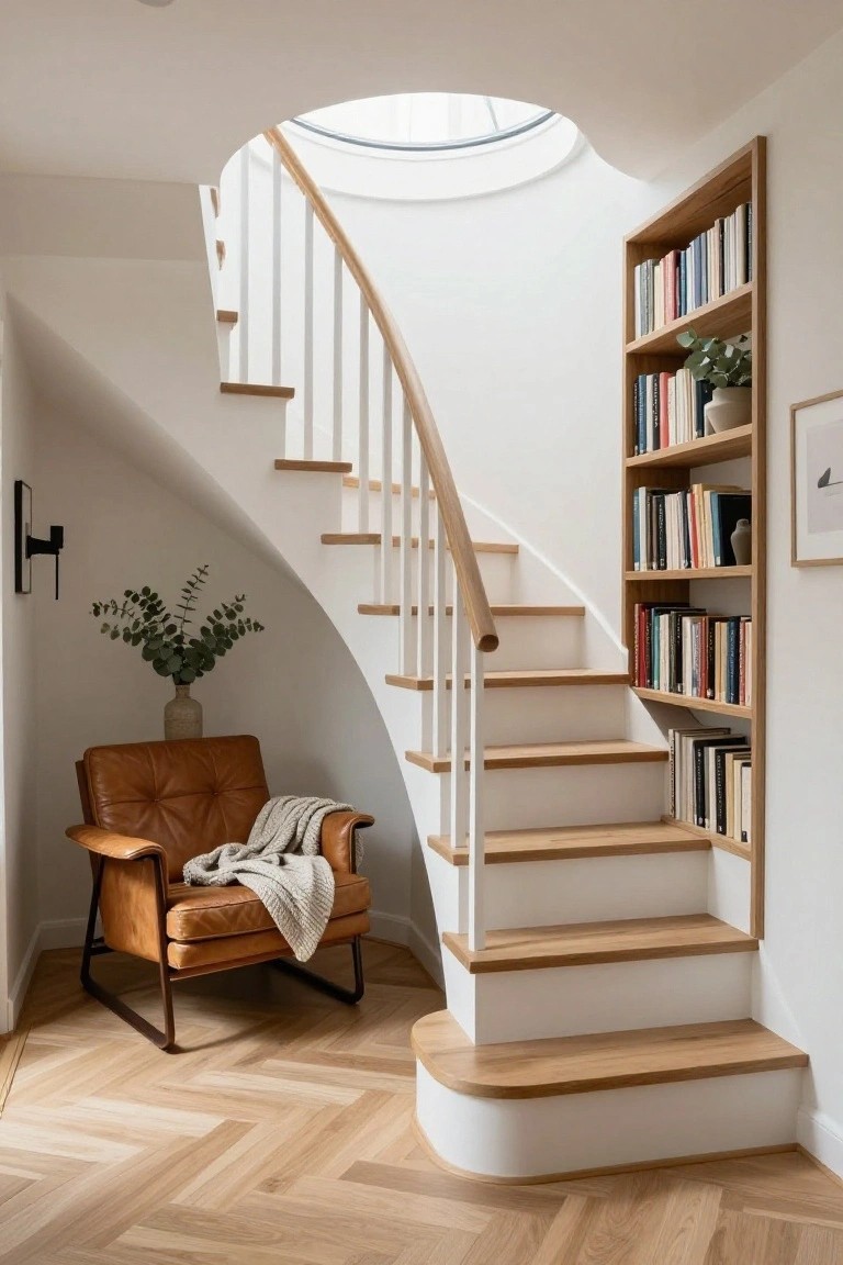Built-In Bookshelves Along the Stairs