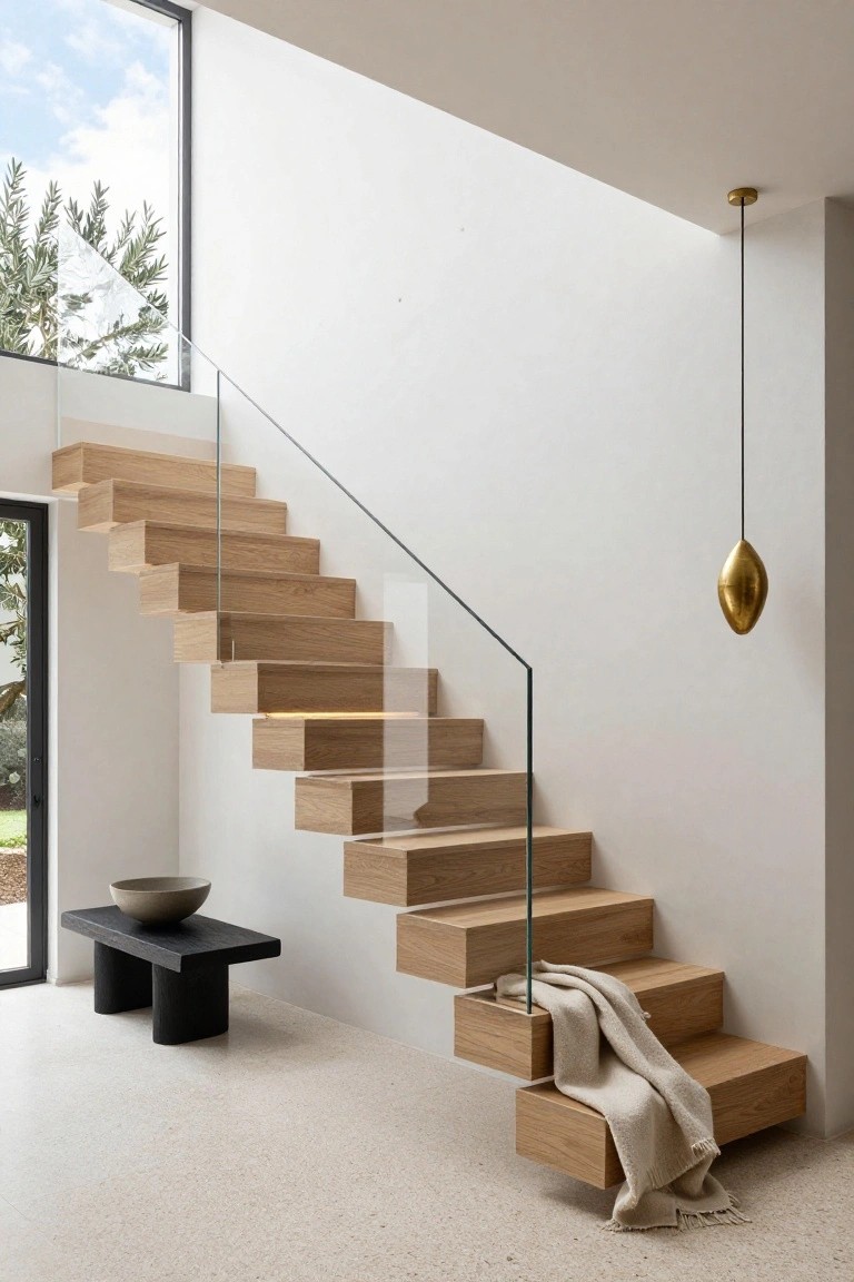 Cantilevered staircase with light oak treads and frameless glass balustrade against a white wall in a bright interior space with large windows, a black bench with ceramic bowl at the base, and a gold pendant light hanging nearby.