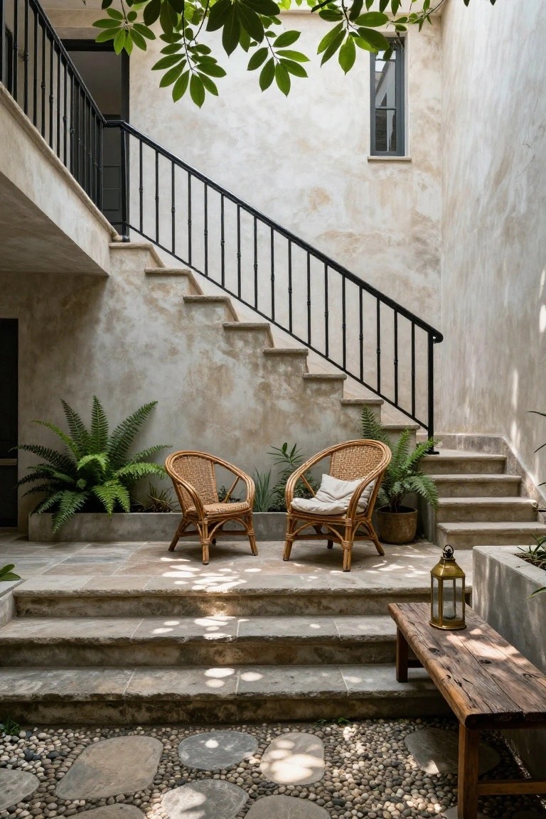 Sunlit courtyard with beige stucco walls, black metal-railed stone staircase descending to a landing with two rattan armchairs next to potted ferns, wooden bench holding brass lantern, pebble ground and stepping stones.