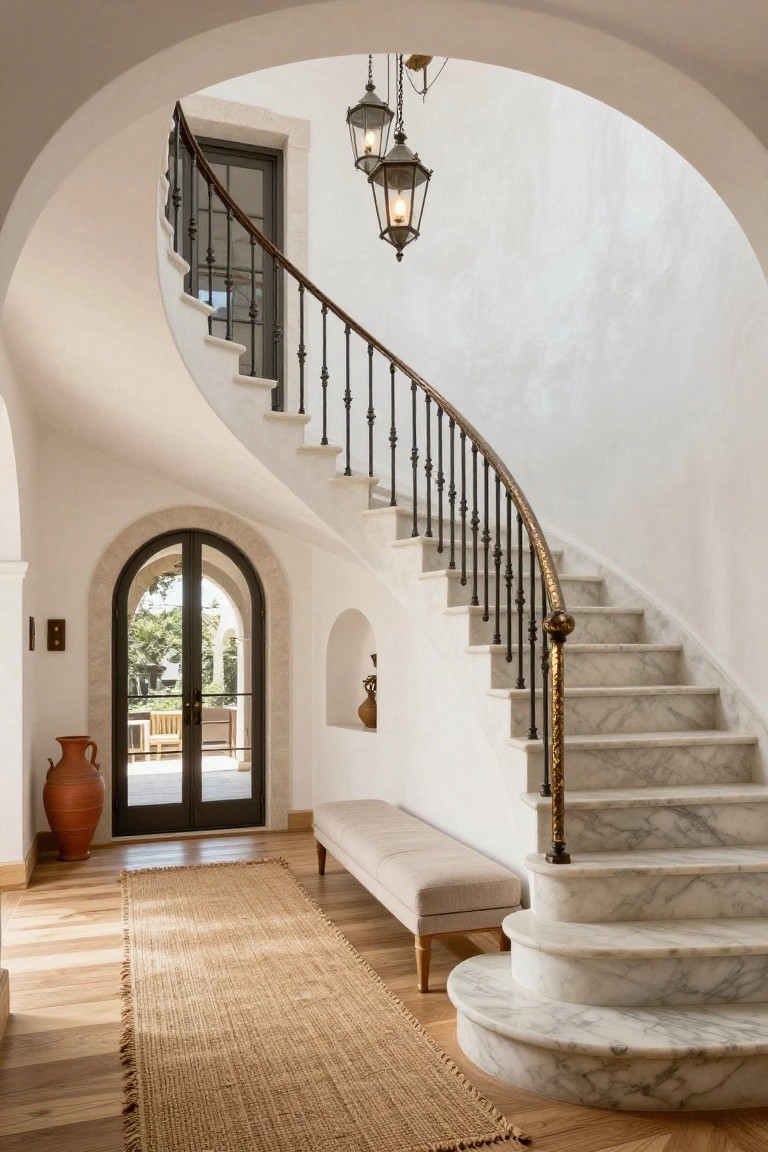 Curved white marble staircase with black wrought-iron railings and gold finial in a white arched interior entryway with hanging lanterns, a bench, and arched doors to outdoors.