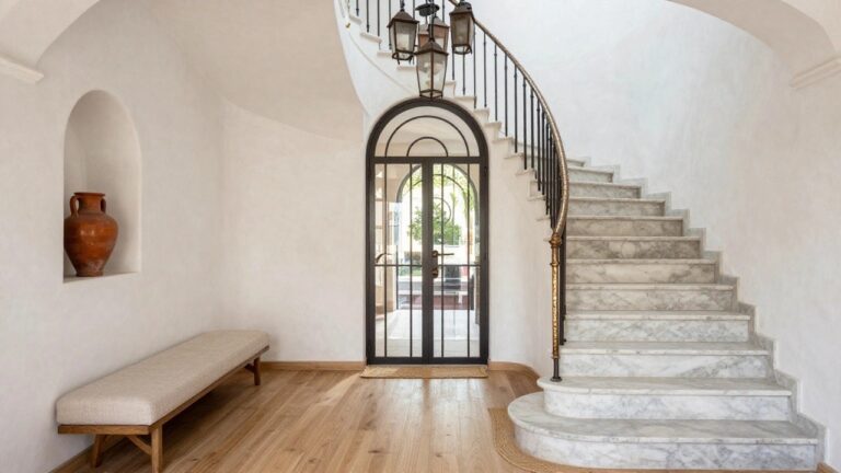 19 Creative Luxury Villa Staircase Ideas That Become A Feature Curved white marble staircase with black wrought-iron railings and gold finial in a white arched interior entryway with hanging lanterns, a bench, and arched doors to outdoors.