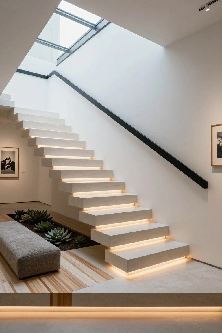 White cantilevered concrete staircase with warm LED edge lighting on each tread, black handrail, skylight above, framed artwork on wall, potted succulents and gray bench at base on wood floor.