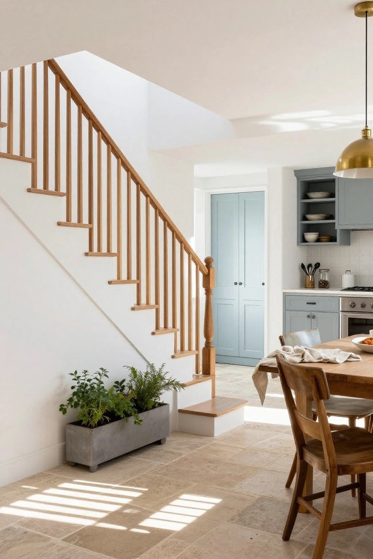 Interior view of a light oak staircase with vertical balusters and white risers descending into a kitchen with blue cabinets, wooden dining table, and beige tiled floor.