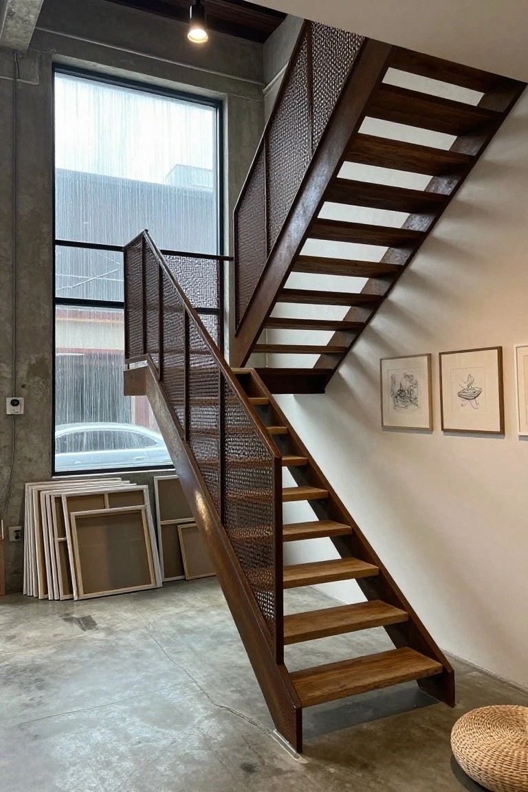 Wooden staircase with metal mesh balustrades in an industrial interior, featuring concrete floor, large rainy windows, stacked canvases, and framed drawings on the wall.