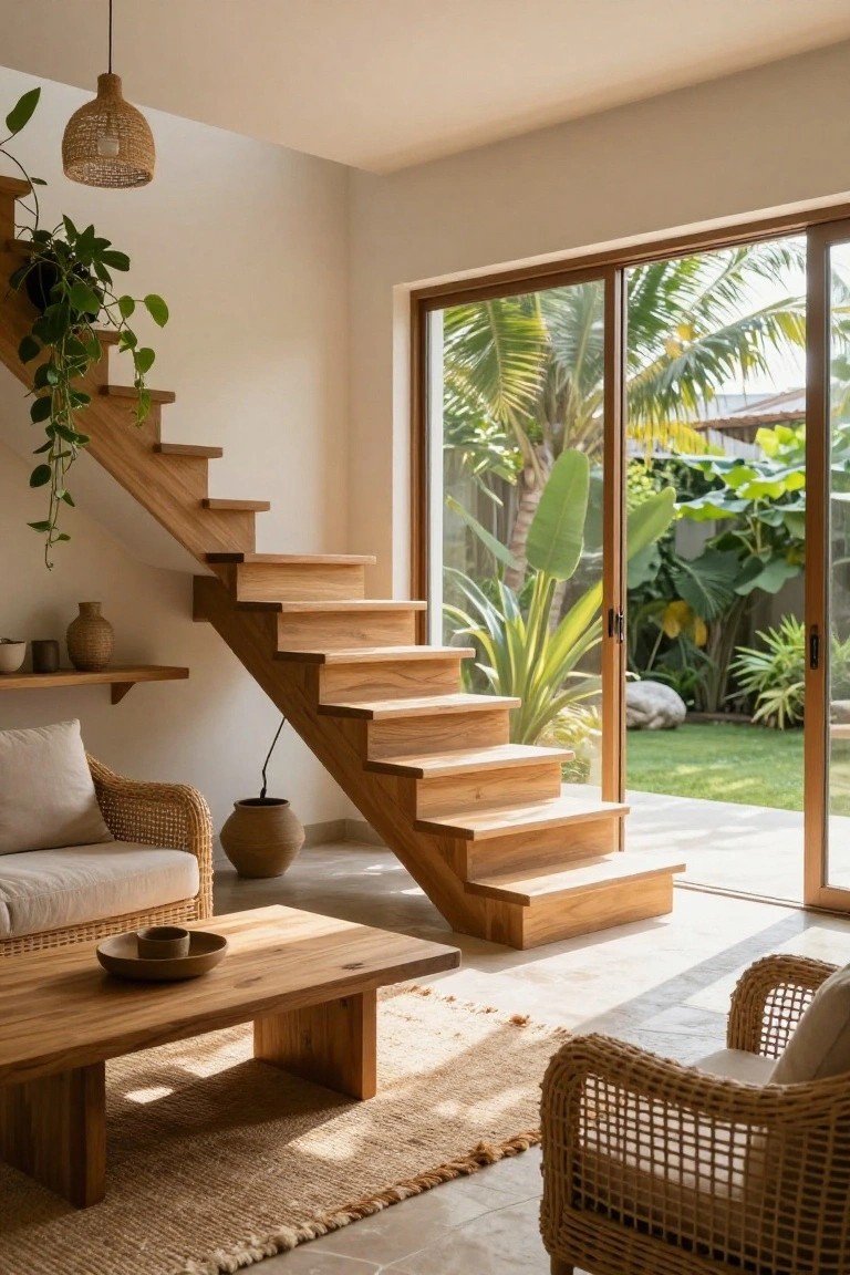 Interior living area with open wooden staircase draped in trailing green plants, rattan chairs and sofa around a wooden coffee table, shelves with pottery, and sliding glass doors to tropical garden with palms and ferns.