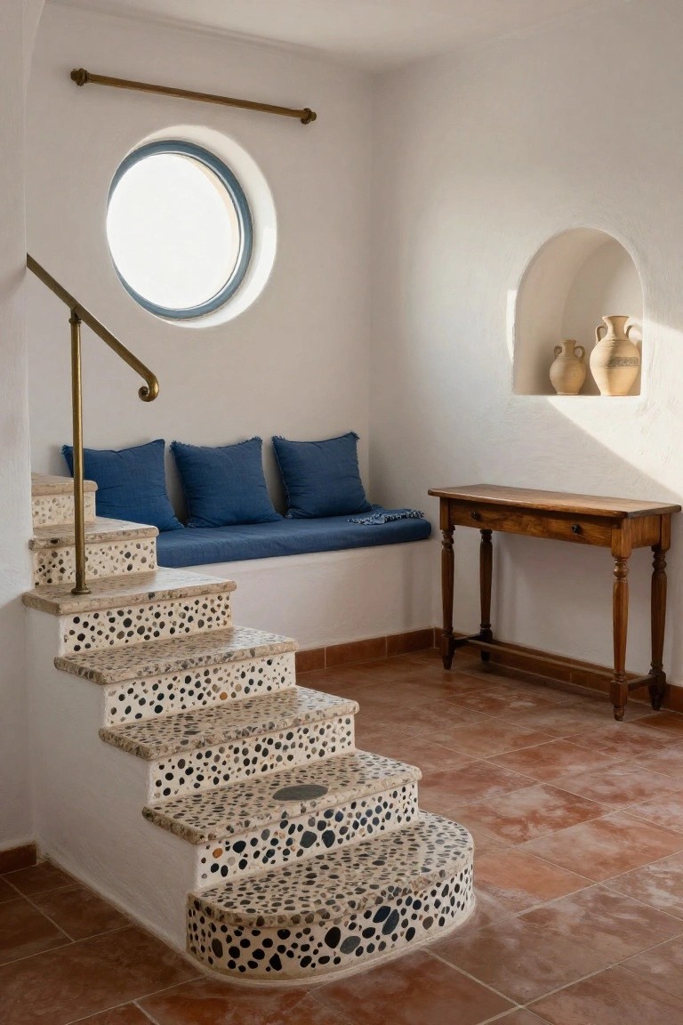 White interior staircase with pebble-inlaid stone treads, brass handrail, blue cushioned bench, wooden console table, round blue-rimmed window, and wall niche holding terracotta pots on terracotta tile floor.