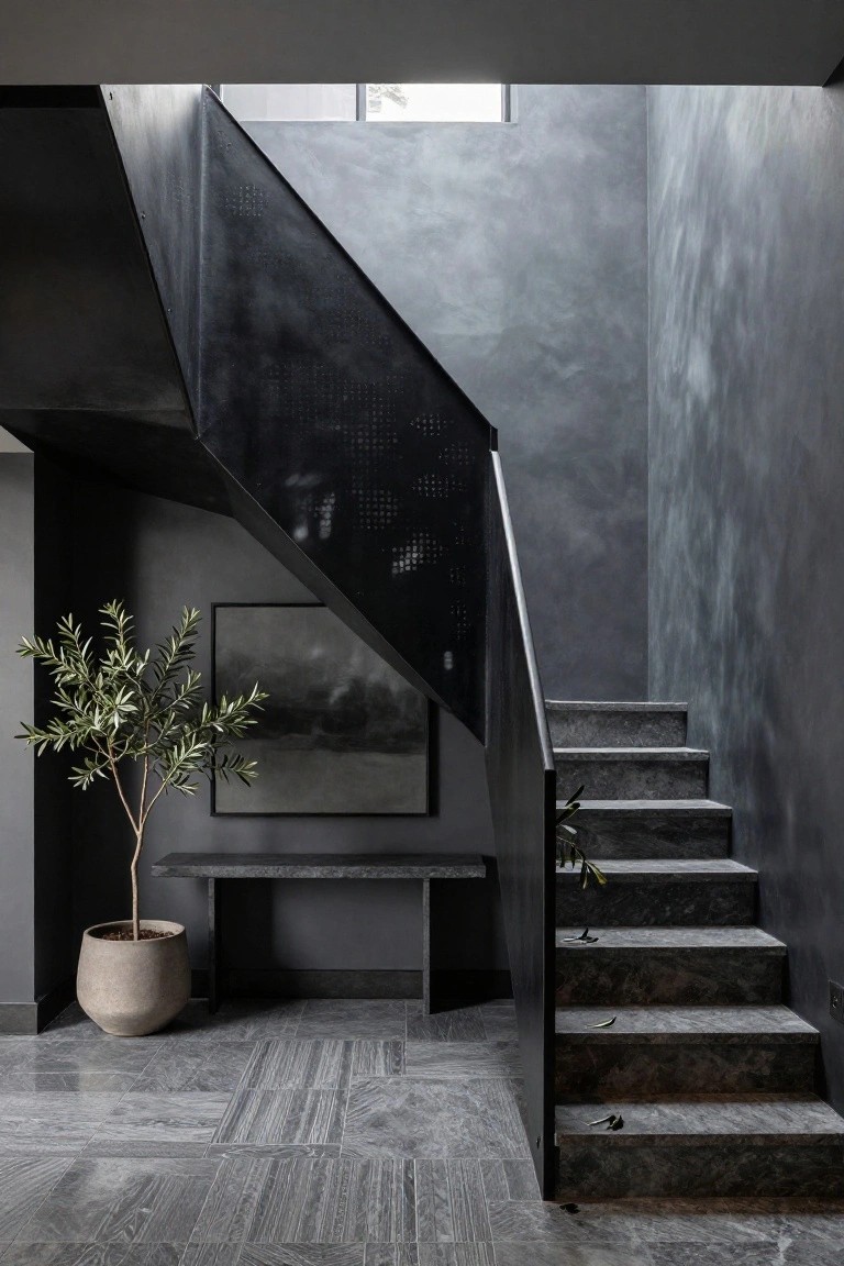 Interior view of a staircase with black perforated metal railings, gray textured plaster walls, gray stone steps and tiled floor, potted olive tree, and slim black bench.