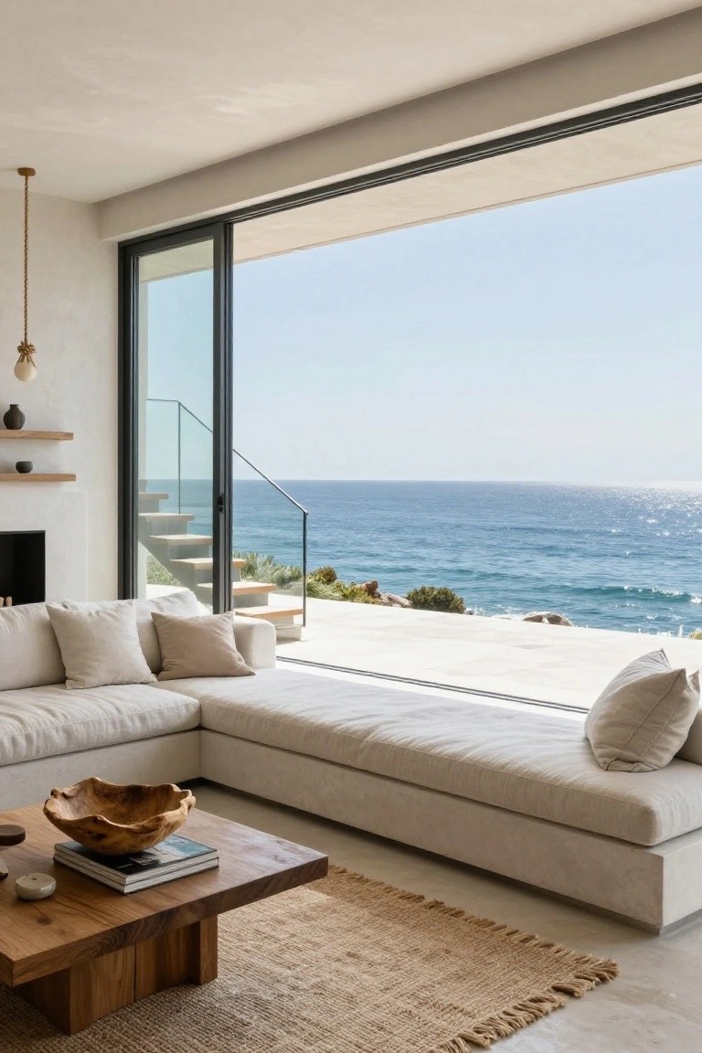 Modern living room interior with beige sofa, wooden coffee table, open sliding glass doors to a terrace featuring glass-railed concrete stairs descending toward the ocean.