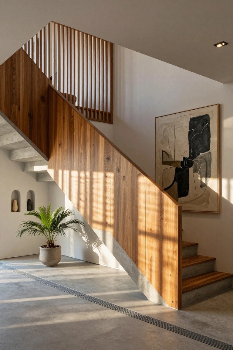 Concrete staircase with vertical wooden plank cladding on the risers and stringer, slatted wooden balustrade, abstract painting on white wall, potted palm plant, and polished concrete floor in a modern interior.