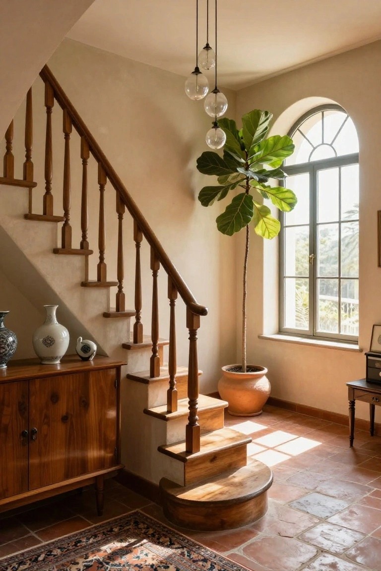 Interior view of a curved wooden staircase with balusters descending to terracotta tile floors in a beige-walled entryway, featuring a wooden sideboard with vases, a large potted fiddle leaf fig plant by an arched window, and pendant lights overhead.