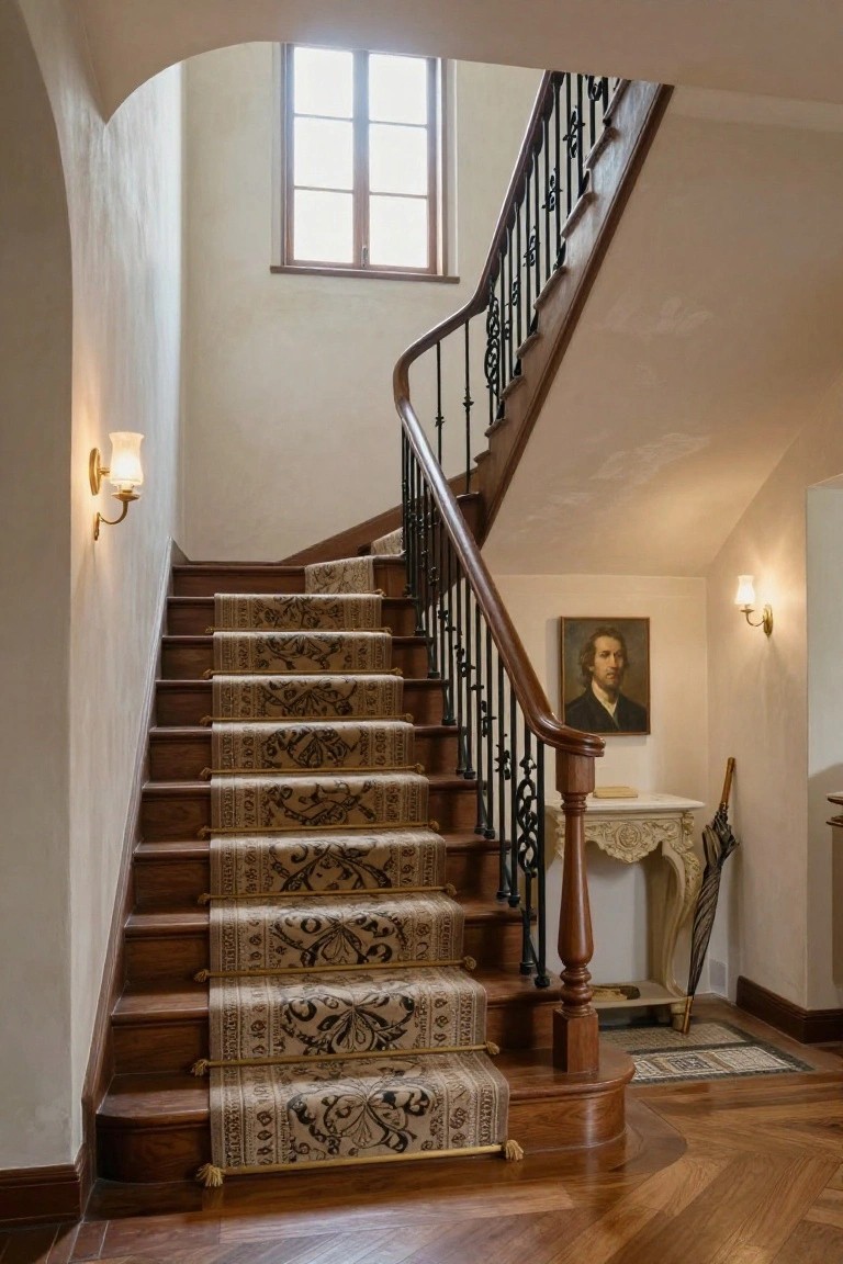 Curved dark wood staircase with black wrought iron balusters, beige floral-patterned carpet runner, wall sconces, a framed portrait of a man, console table, and umbrella at the base in a light beige interior.