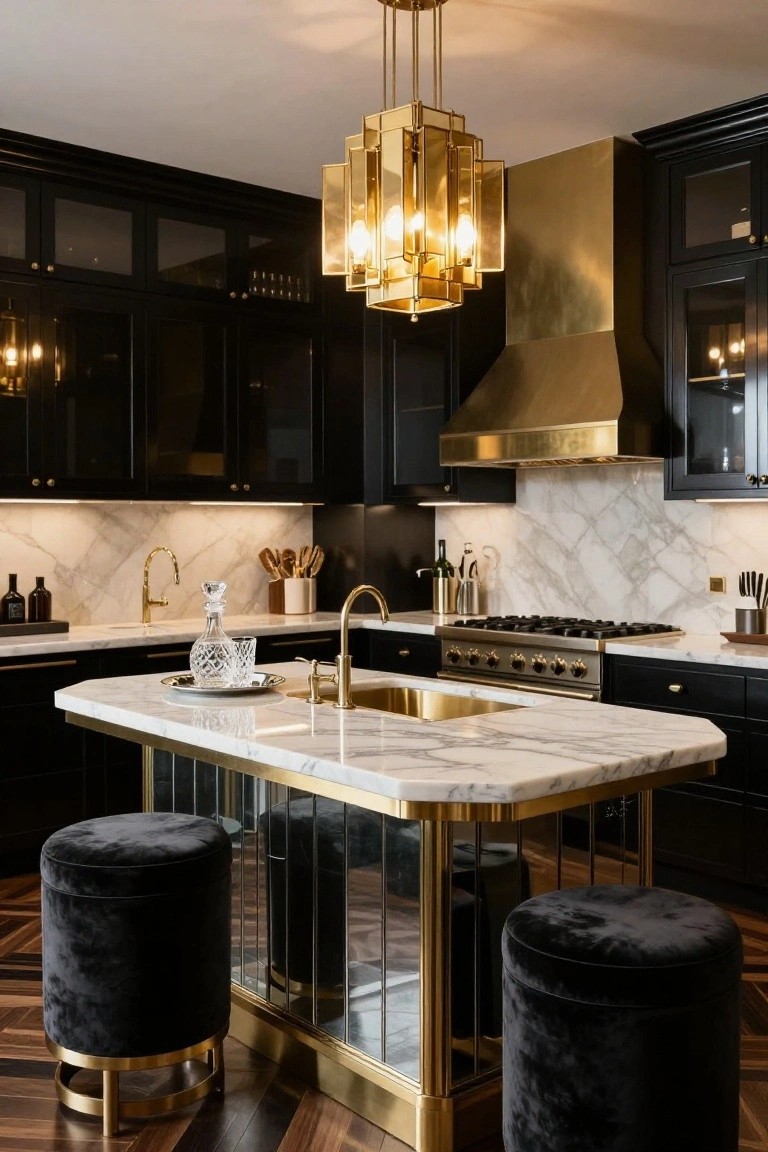 Luxury kitchen interior with black cabinetry, gold brass range hood and chandelier, white marble counters and backsplash, brass fixtures, and a glass-sided brass-framed island bar with two black velvet stools on herringbone wood flooring.