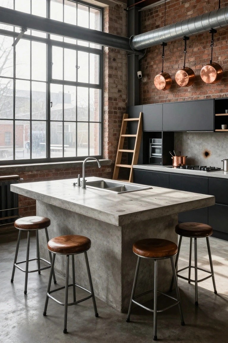 Industrial kitchen with exposed brick walls, black cabinets, hanging copper pots, a large central concrete island, and four metal stools with leather seats.