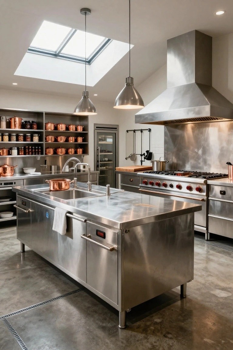Modern kitchen with large central stainless steel island featuring double sinks, wall-mounted copper pots and pans, stainless steel range with red knobs under a large hood, polished concrete floor, and skylights overhead.