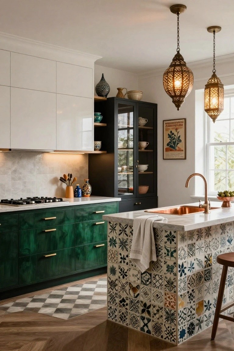 Kitchen with white upper cabinets, emerald green lacquered lower cabinets with brass pulls, gas cooktop, white marble counters, central white island with colorful patterned tiles on sides and wooden stools, copper farmhouse sink, and brass pendant lanterns.