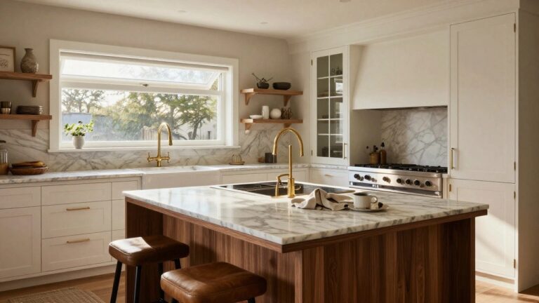 Bright modern kitchen with central marble-topped island on light wood base, four tan leather bar stools, white cabinets, gold faucets, and large windows showing trees outside.