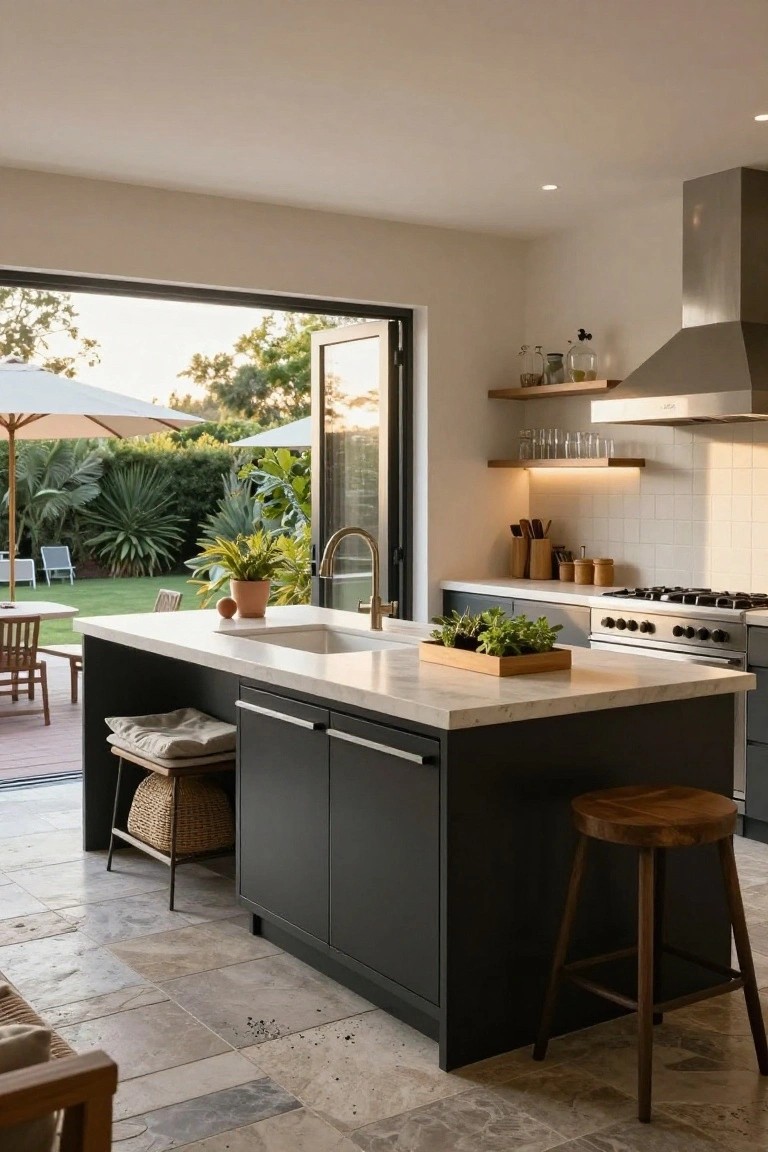 Modern kitchen with black central island topped in white marble, featuring a sink and plants, open folding doors to a backyard patio with lounge chairs, umbrella, and greenery at sunset.