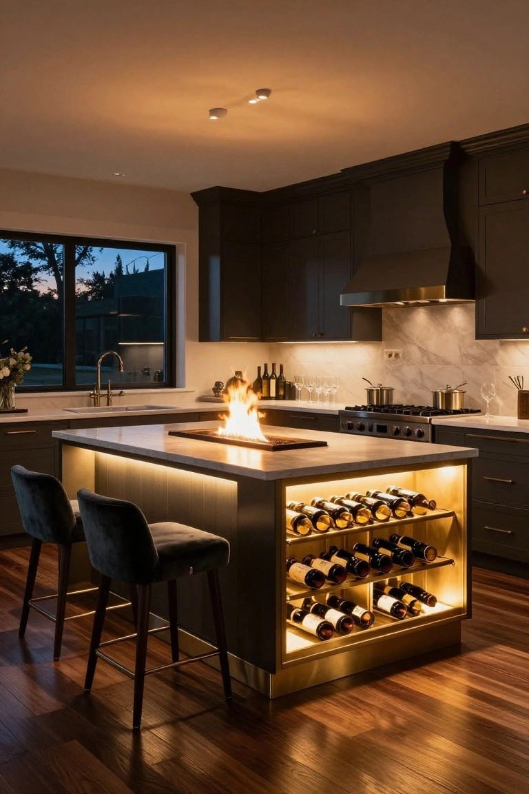Modern kitchen with dark cabinets, white marble counters, central island containing a linear orange flame fire feature, illuminated wine bottle storage below the island, two gray upholstered bar stools, and a window view of trees at dusk.