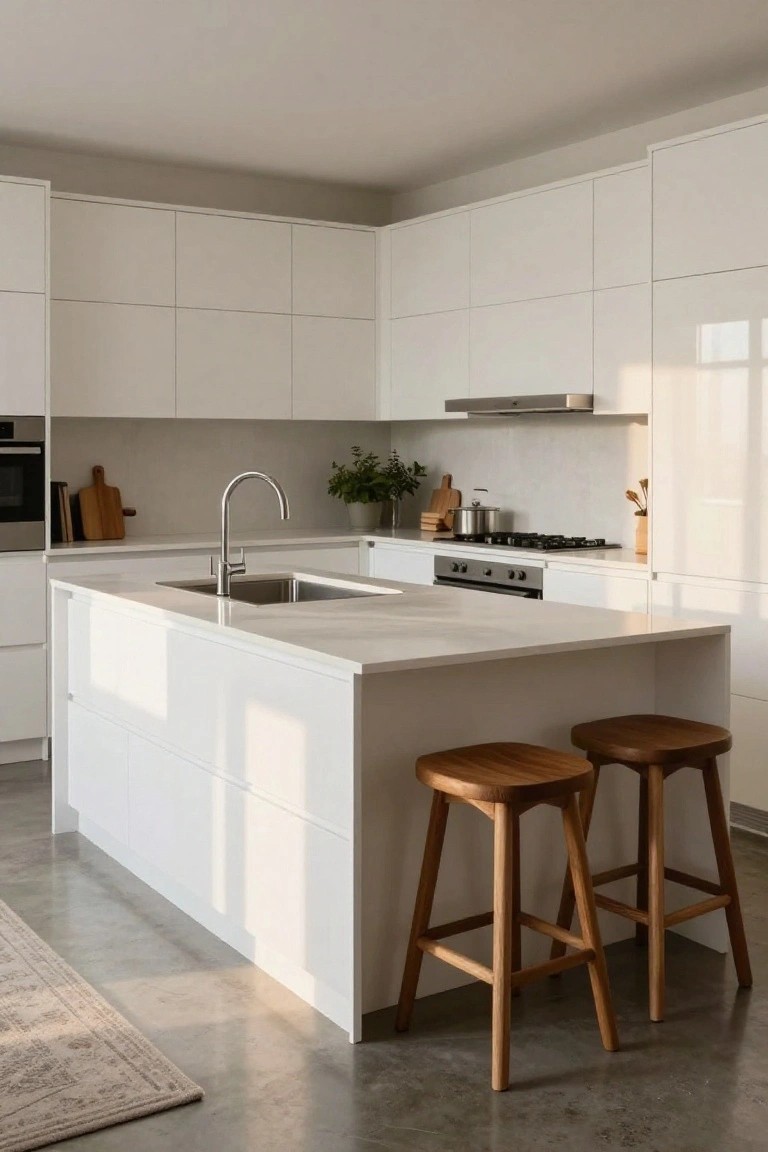 Modern white kitchen featuring a central white island with integrated sink and two wooden bar stools, white cabinets, stainless steel appliances, polished concrete floor, and beige area rug.