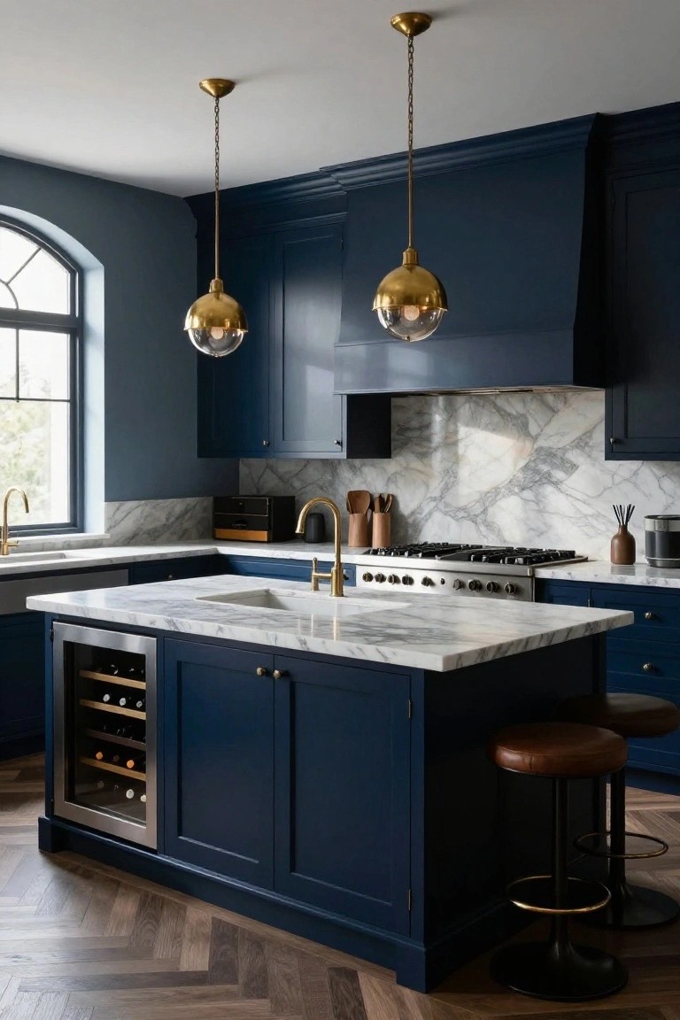 Kitchen interior featuring navy blue cabinets, white marble countertops and backsplash, gold pendant lights, a central island with built-in wine cooler and two brown leather bar stools, stainless steel appliances, and herringbone wood flooring.
