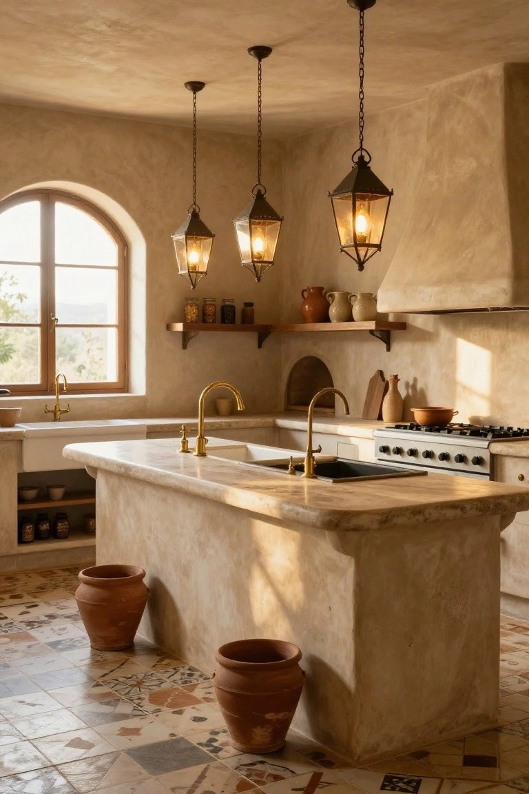 Kitchen interior with beige textured plaster walls, large curved central island topped in light stone with brass faucets and sink, hanging black metal lanterns, arched window with landscape view, wooden shelves holding jars and pots, colorful terracotta tile floor, and two large terracotta planters.