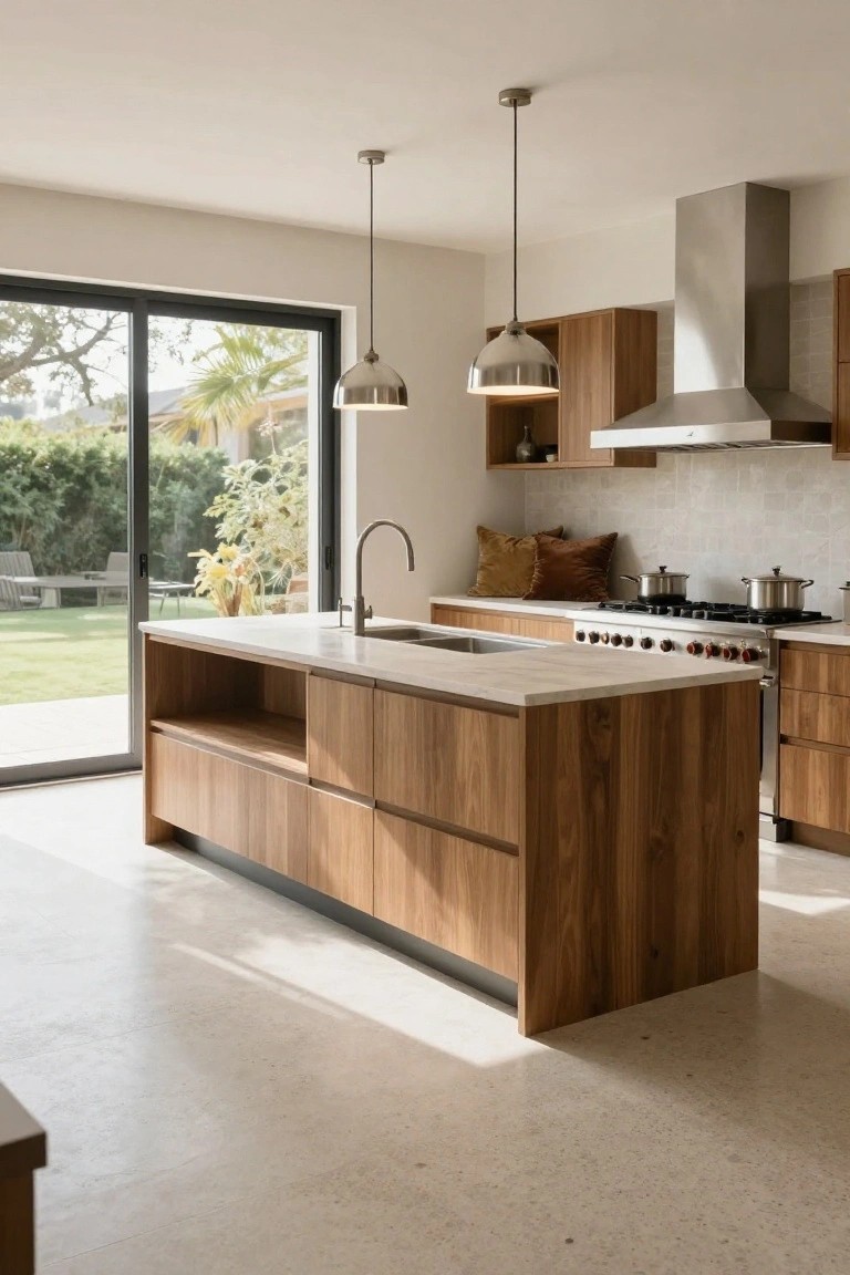 Modern kitchen interior with large central wooden island, white quartz countertop and sink, wood cabinets, stainless steel range and hood, two pendant lights, and sliding glass doors to backyard garden.