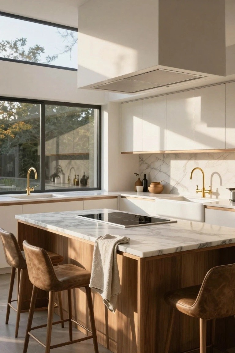 Bright modern kitchen with central marble-topped island on light wood base, four tan leather bar stools, white cabinets, gold faucets, and large windows showing trees outside.