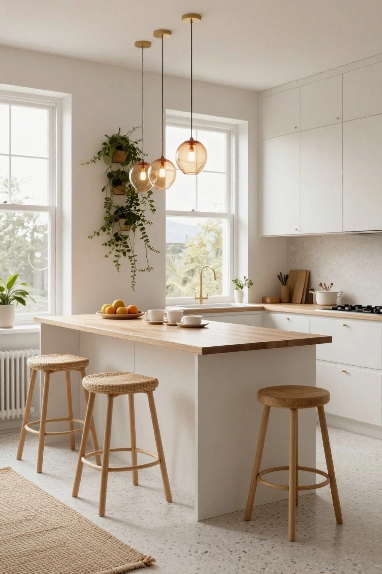 Modern white kitchen with large central island topped in light wood, four mixed bar stools, three hanging amber pendant lights, potted plants, white cabinets, and large windows with greenery outside.